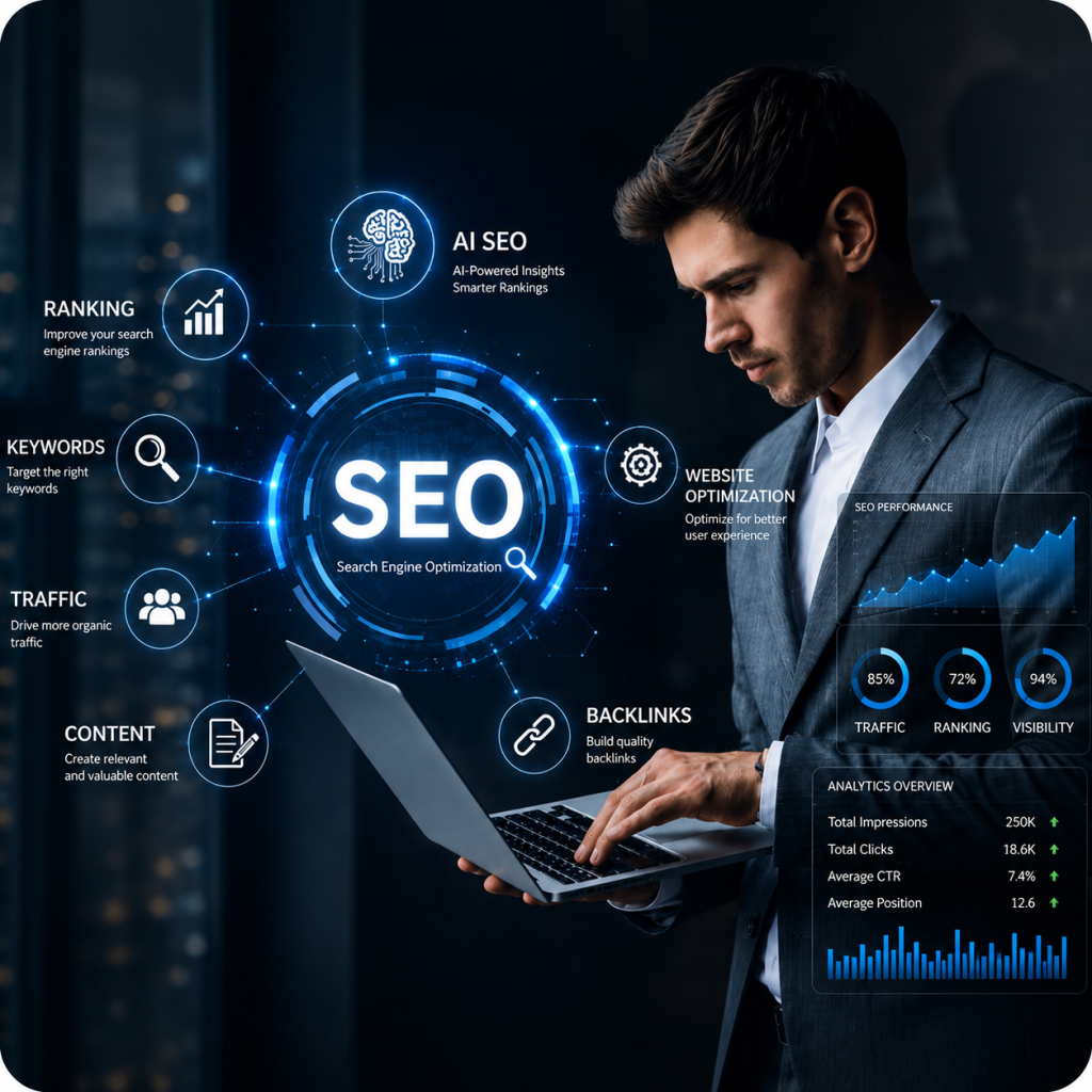 SEO expert analyzing search engine rankings, keywords, backlinks and website optimization on a futuristic digital marketing dashboard.