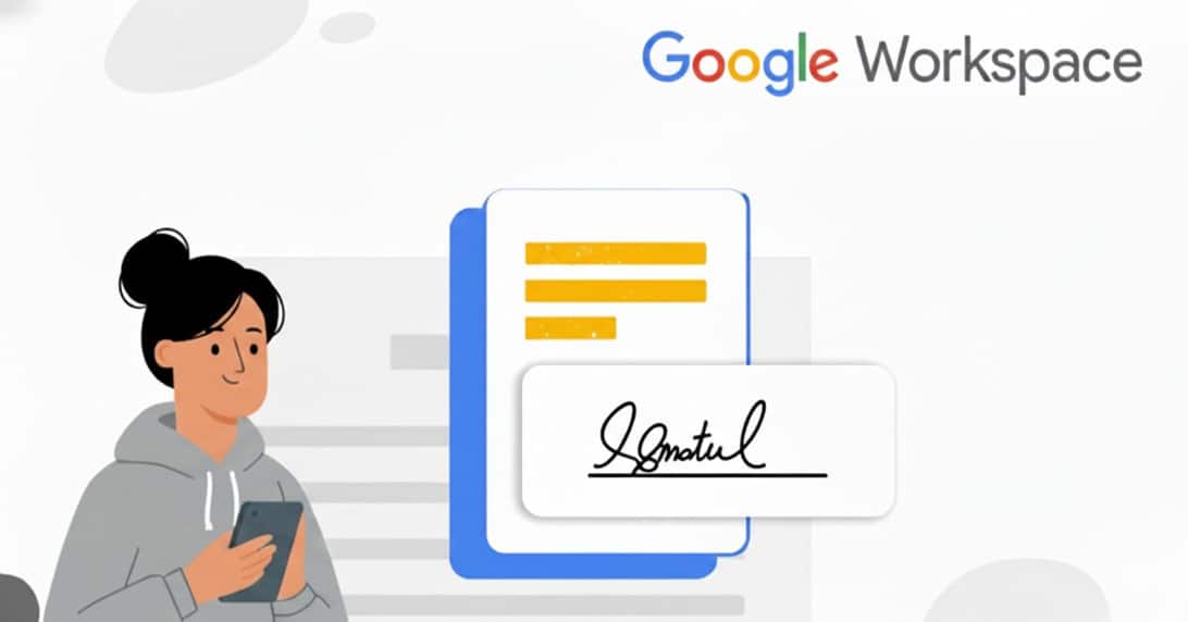 llustration of a person using Google Workspace eSignature to sign digital documents on a mobile device.