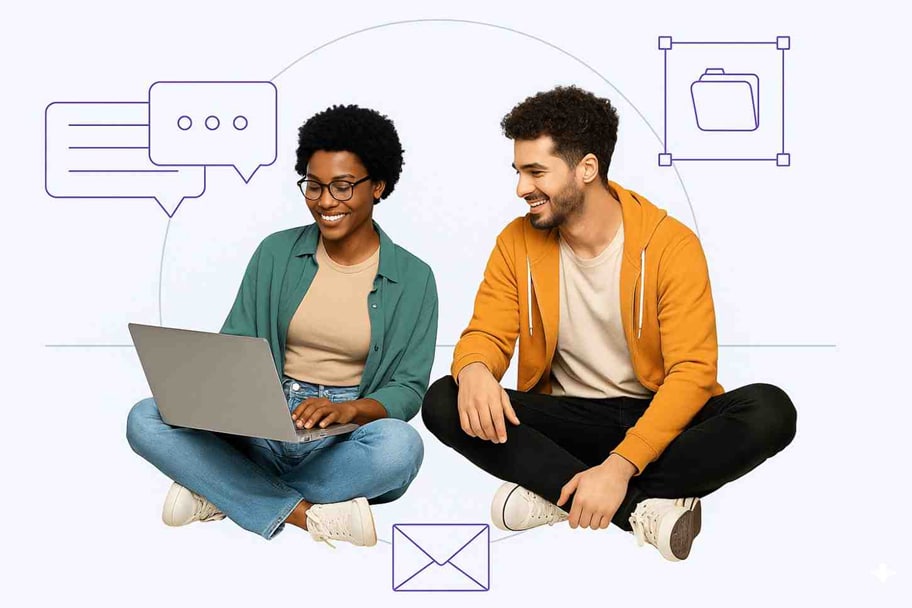 Two coworkers using a laptop, representing Google Workspace email hosting and team collaboration tools.