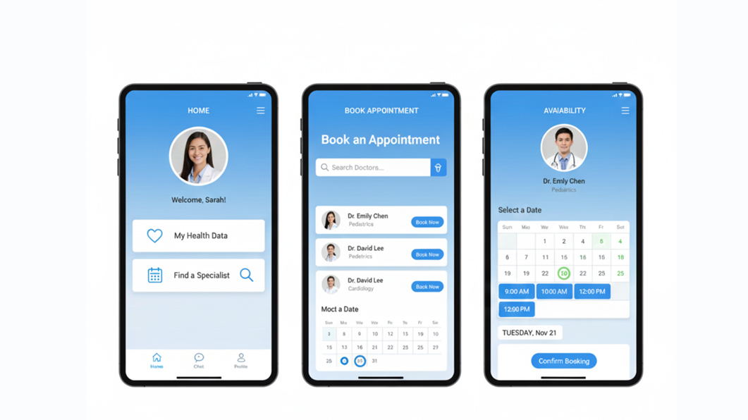 Healthcare mobile app interface displaying patient dashboard, doctor search, and appointment booking features