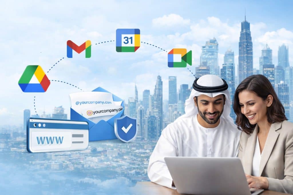Google Workspace apps connected to a custom domain with business email setup for UAE companies