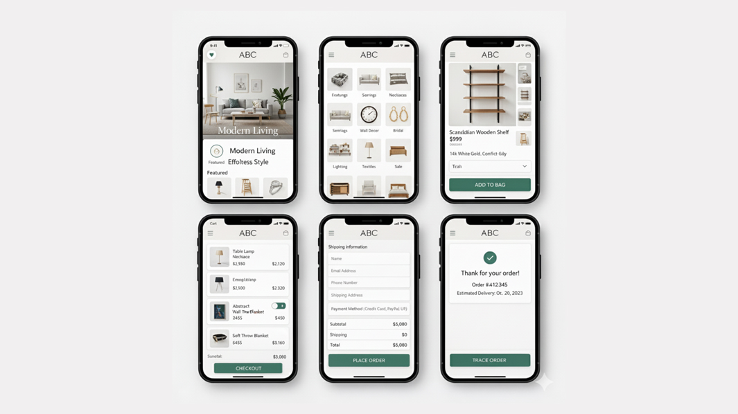 Startup mobile app design showcasing product listing, cart, and checkout screens
