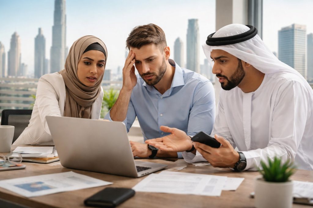Business team in Dubai discussing Google Workspace issues on a laptop