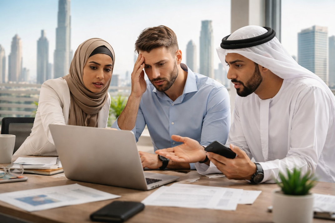 Business team in Dubai discussing Google Workspace issues on a laptop