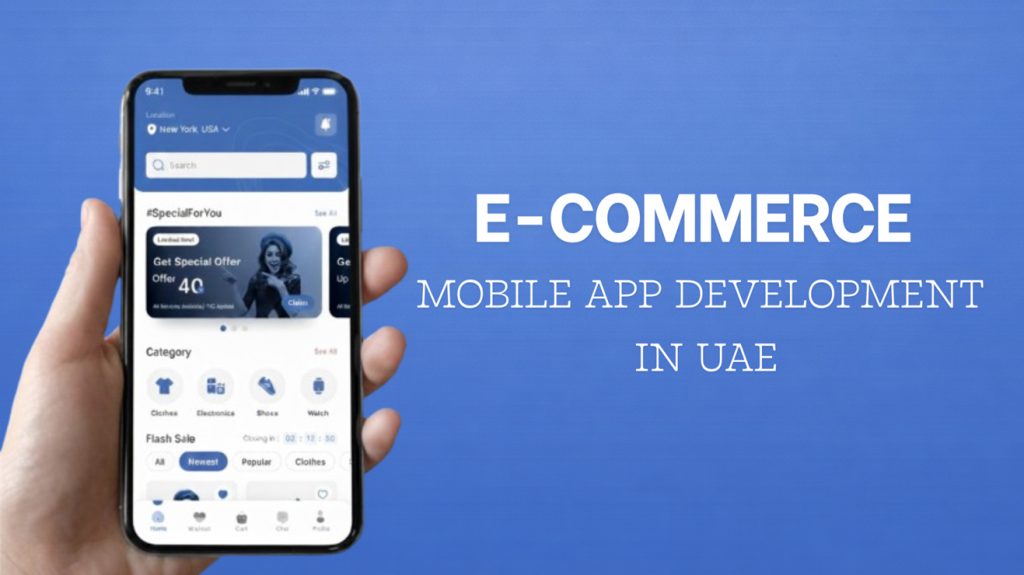 Ecommerce mobile app development in UAE showing a shopping app interface on a smartphone