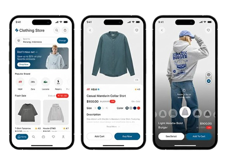 E-commerce mobile app development Dubai showcasing product listing, product detail, and shopping cart screens