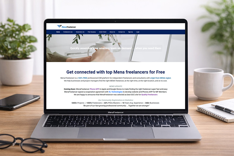 Mena Freelancer web application displayed on laptop with user interface and homepage design