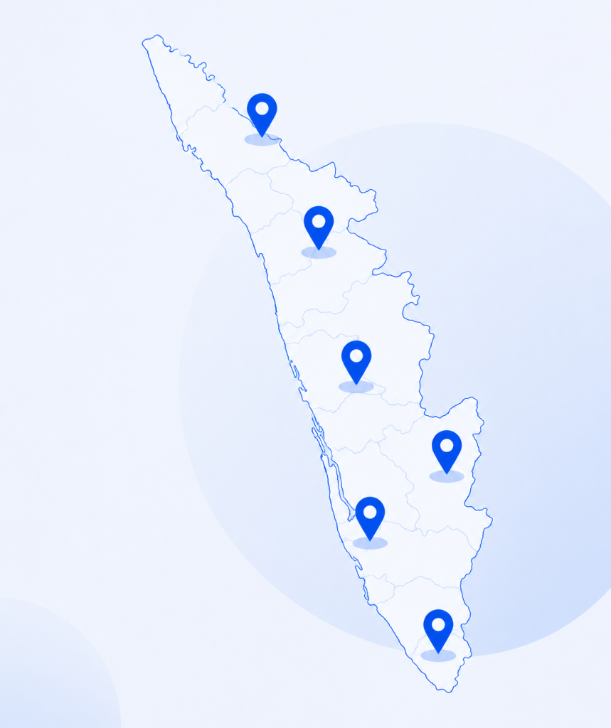 Map of Kerala with multiple location pins representing statewide Google Business Profile and local SEO service coverage.