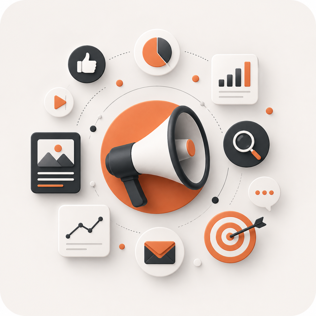 Digital marketing agency illustration with campaign management, data analytics, social media marketing, and conversion optimization elements