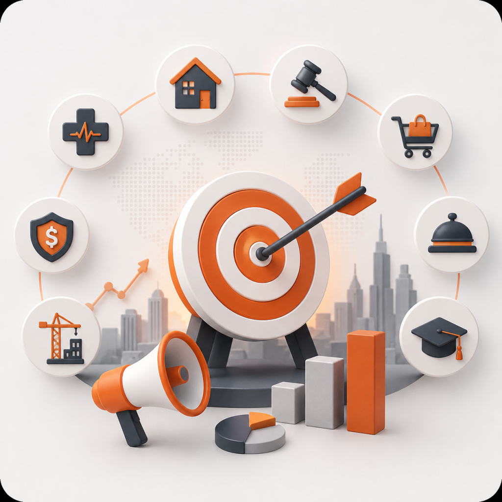 Digital marketing across every industry with customized strategies for healthcare, real estate, retail, hospitality, education, and finance sectors.
