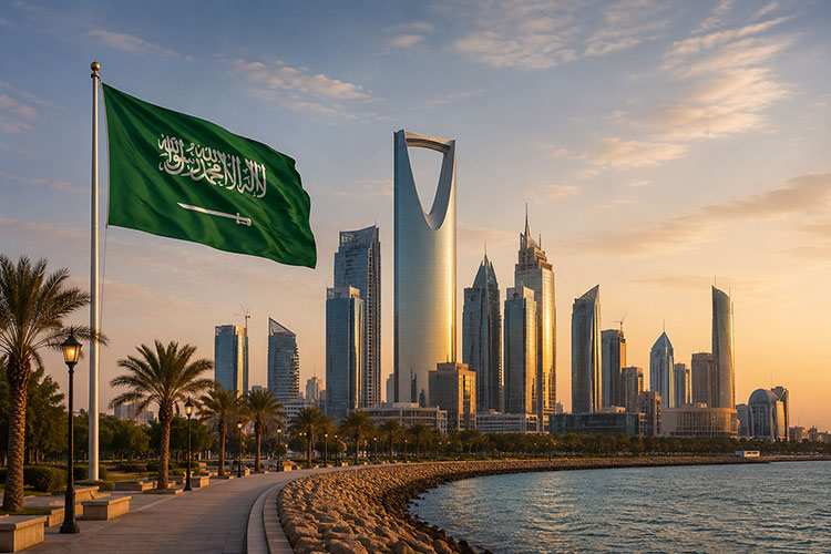Saudi Arabian flag flying in front of the Riyadh skyline, representing Google Workspace services and business solutions in Saudi Arabia.