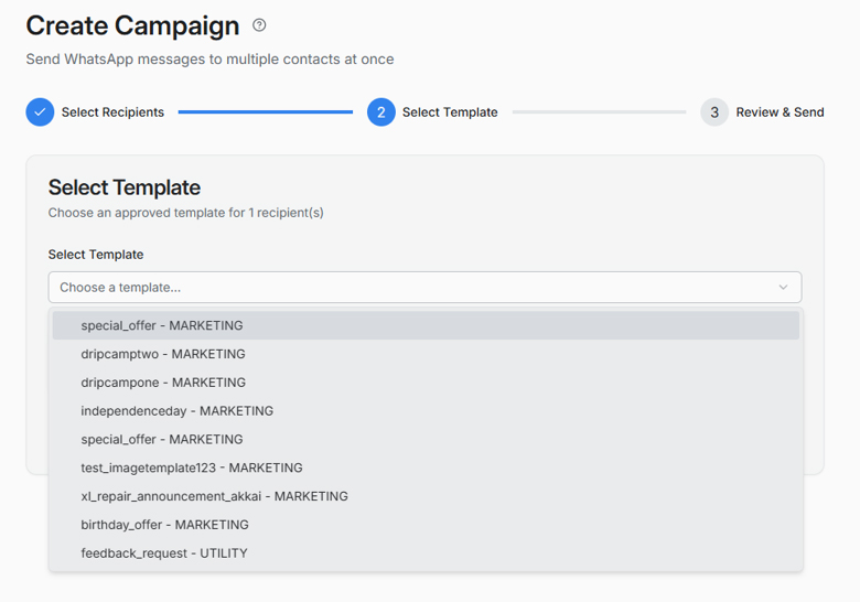 Create Campaign interface showing the Select Template step, with a dropdown list of approved WhatsApp marketing and utility message templates.