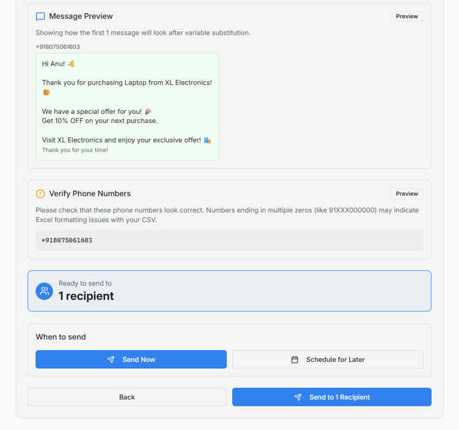 WhatsApp campaign review screen showing a message preview, phone number verification, one recipient, and options to send now or schedule for later.