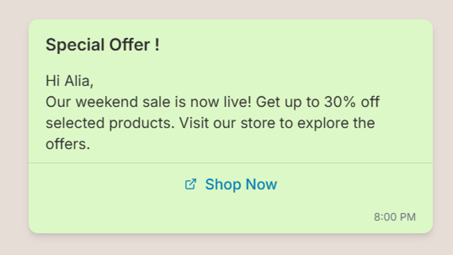 WhatsApp promotional message announcing a weekend sale with up to 30% off selected products and a “Shop Now” button.