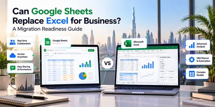 Google Sheets vs Microsoft Excel comparison for business, showing collaboration, cloud access, data analysis, automation, and spreadsheet features.