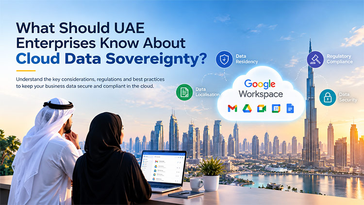 Cloud data sovereignty and data security for UAE enterprises with Dubai skyline and cloud technology illustration.